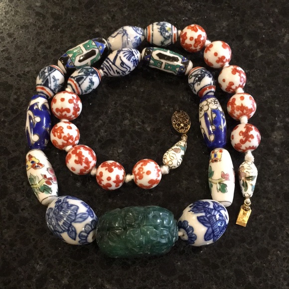 Vintage Caved Jade & Ceramic Painted Bead Necklace - Picture 13 of 16